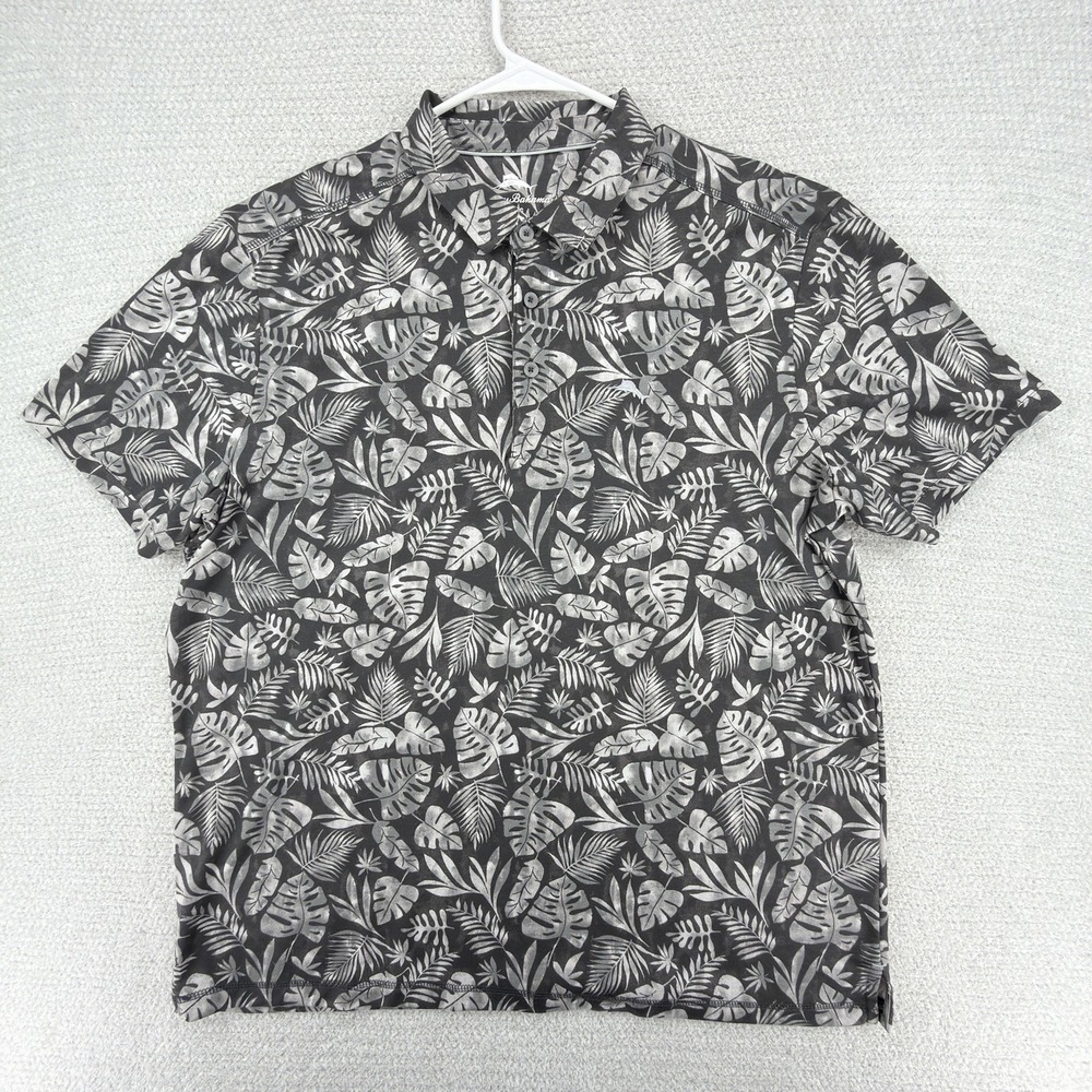 Tommy Bahama Popover Shirt Mens XL Black Gray Tropical Leaf Short Sleeve Outdoor